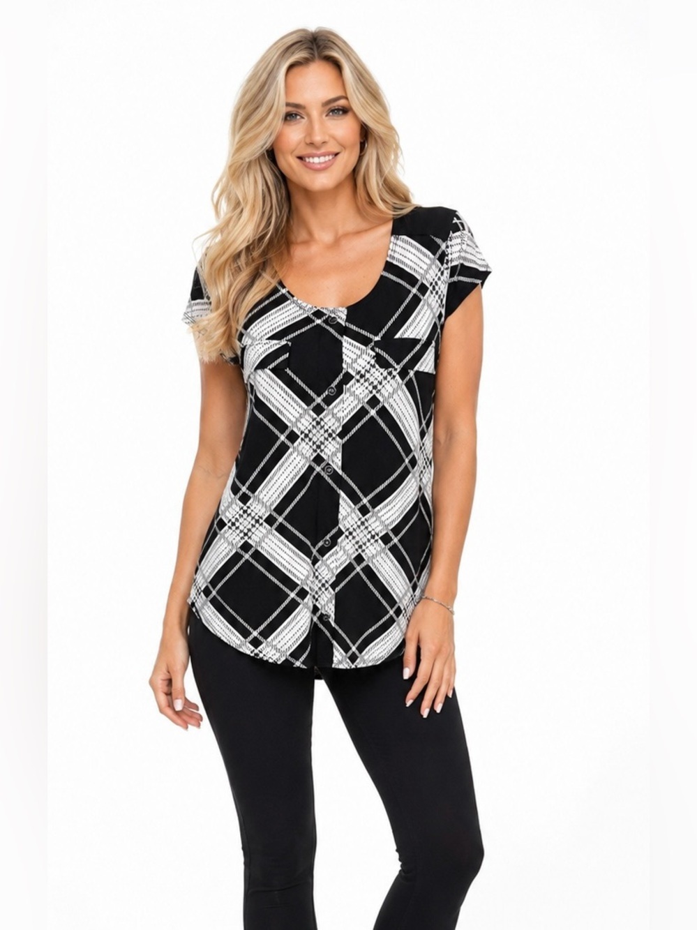 Diana Belle Black White Plaid Print Button Front Blouse Top Women’s Small S